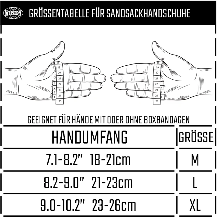 Größentabelle für Sandsackhandschuhe